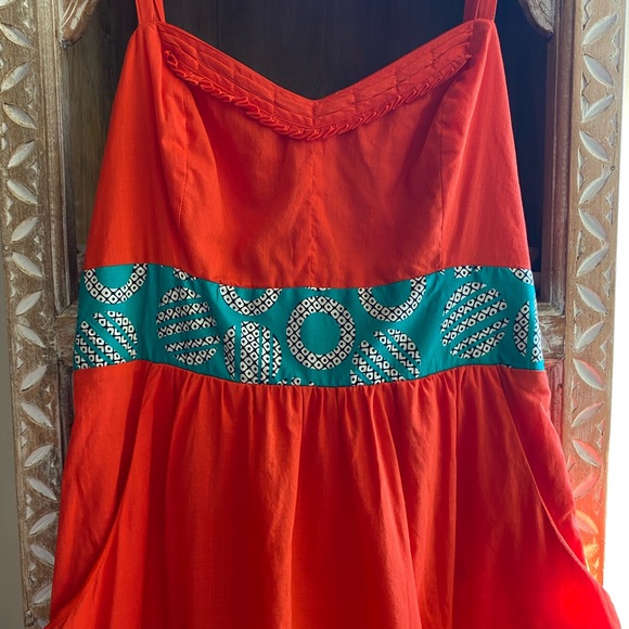 Anthropologie Edme & Esyllte Redish Orange Dress with Green Waist Size 6 - Picture 6 of 10